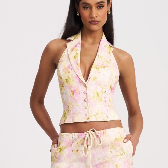 NWT Miss Circle Pink Floral Print Ruched Back Linen Suit Vest - Picture 4 of 17